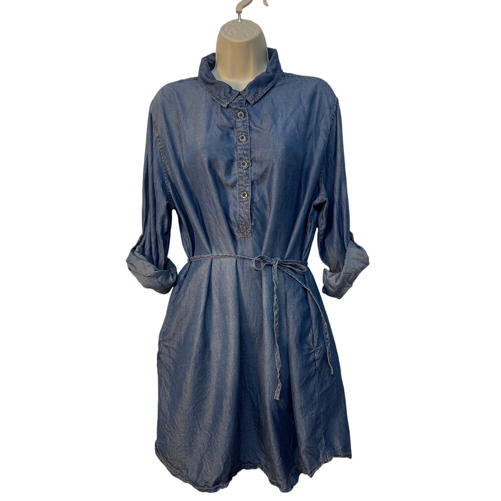 Time and Tru Denim Roll Up‎ Sleeve Knee Length Collared Dress Pockets XL 16/18